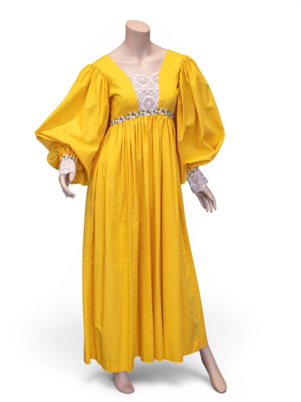 1960s Marianne Sunshine Yellow Empire Maxi Dress w/ Bishop Sleeves & Daisy Trim